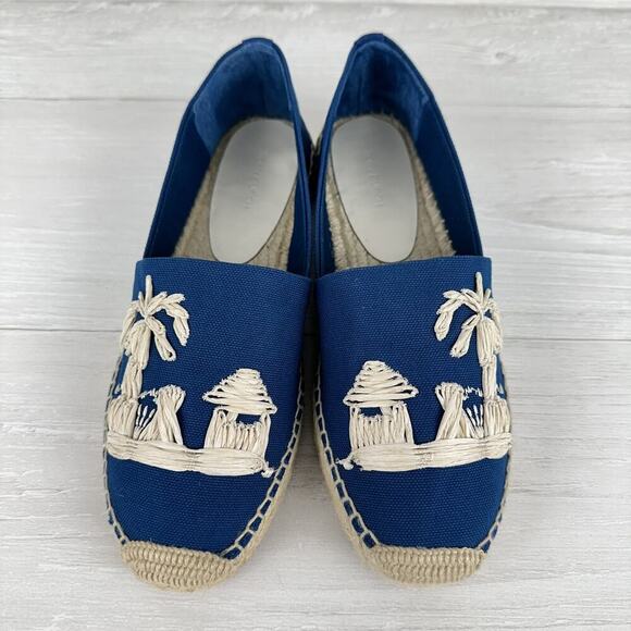 Tory Burch Flat Espadrille Size 8 Raffia Embroidered Straw Blue Tropical‎ Cruise - Picture 2 of 13